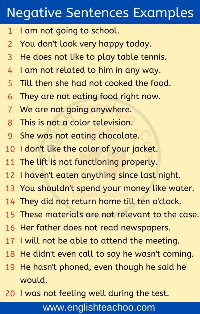 Negative Sentences Examples in English