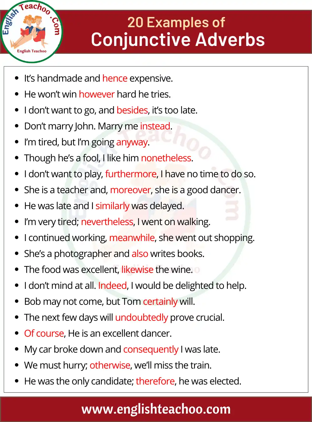 20 Examples of Conjunctive Adverbs In Sentences
