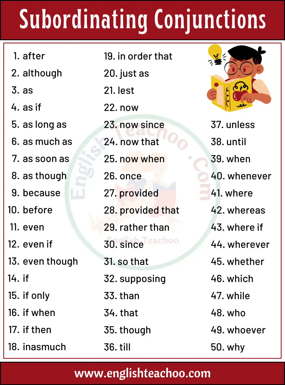 50 Subordinating Conjunction Word List